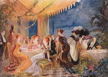 A Soiree em um restaurante parisiense, anúncio de The Furrier Revillon em Le Figaro Illustre, 1910